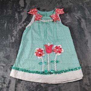 Rare Editions Size 6 Aqua Salmon Bow Flowers Ruffles Dress